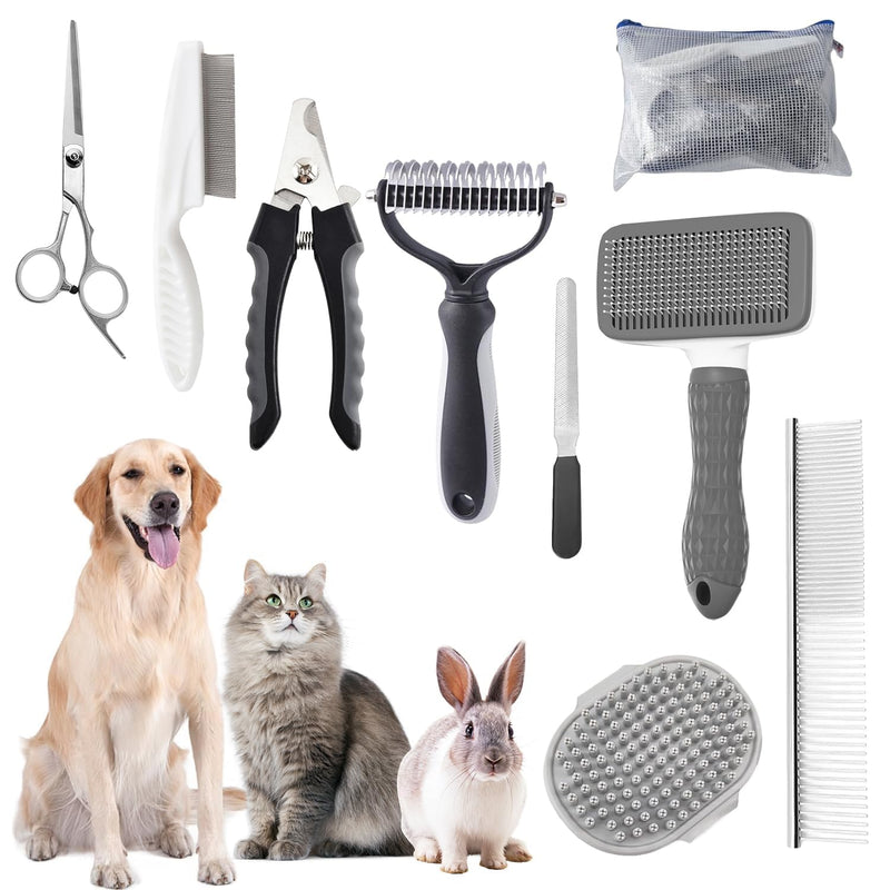 Dog Brush for Grooming,9 PCS in One Pet Slicker Hair Brush Kit with Pet Nail Clipper and File - Dog Cat Grooming Deshedding Undercoat Rake Brush Comb for All Small Large Dogs Cats Grey 9-Grey