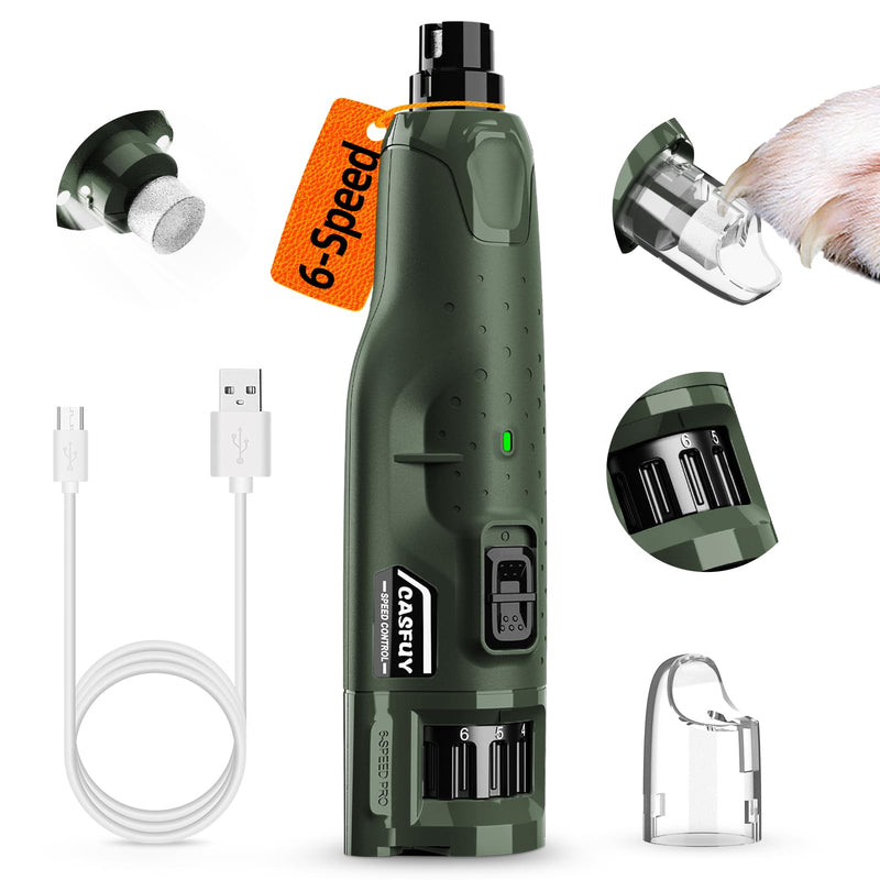 Casfuy Dog Nail Grinder Quiet - (45db) 6-Speed Pet Nail Grinder with 2 LED Lights for Large Medium Small Dogs/Cats, Professional 3 Ports Rechargeable Electric Dog Nail Trimmer with Dust Cap Armygreen