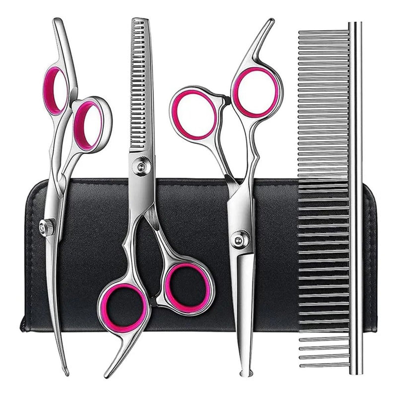 Dog Grooming Scissors, 5Pcs 6-Inch Professional Stainless Steel Titanium Coated Stainless Steel Dog Grooming Kit, Straight/Curved Shears Dogs Scissors Set with Case & Comb, Pink - PawsPlanet Australia