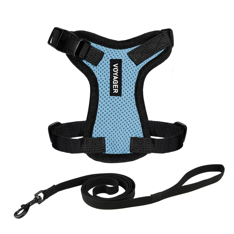 Voyager Step-in Lock Cat Harness and Reflective Cat Leash with Neoprene Handle by Best Pet Supplies - Supports Small, Medium and Large Breed Cats, Baby Blue/Black Trim, size S - 5ft Harness Leash Set (Baby Blue/Black Trim)