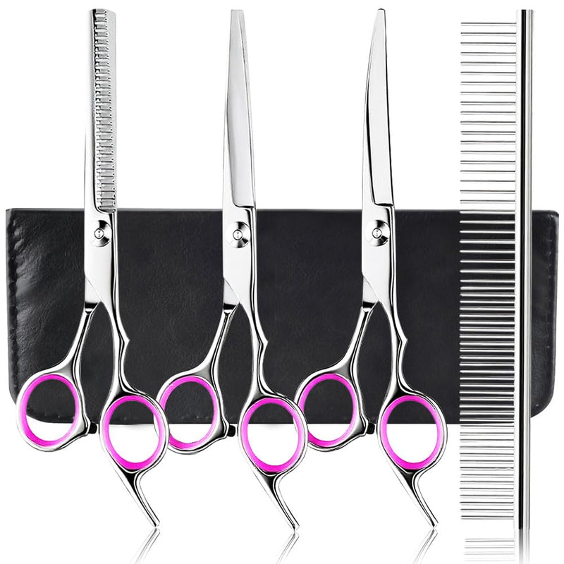 Dog Grooming Scissors, 5 Pcs Stainless Steel Pet Trimmer Kit, Fashion Hair Cutting Grooming Tool for Dogs and Cats - with 6-inch Cutting Scissors, Thinning Shear, Curved Scissors, Grooming Comb C-5 Scissors Set - PawsPlanet Australia