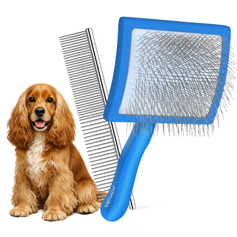 Slicker Brush for Dogs, Large Long Pin Dog Brush for Cockapoo Cavapoo Doodles Poodles Goldendoodle Labradoodle, 2 PCS Large Pet Comb and Grooming Brush, Wood Handle - Blue - PawsPlanet Australia