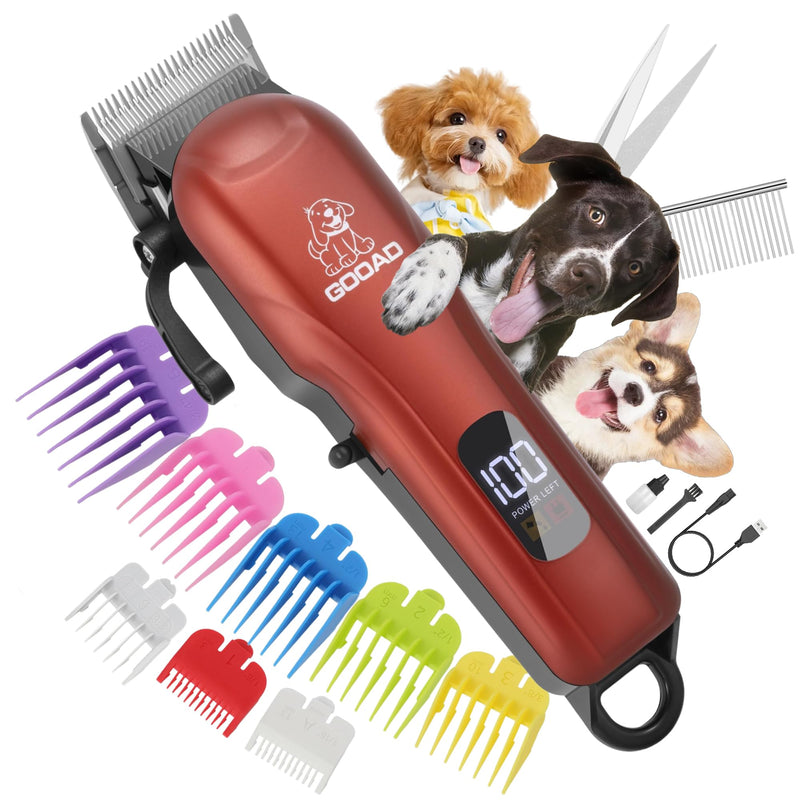 Dog Clippers for Grooming, Cordless, Low Noise, Electric Quiet, Rechargeable Pet Hair Clippers for Thick Coats, Trimmer Grooming Kit, Shaver for Small and Large Dogs Cats, Red