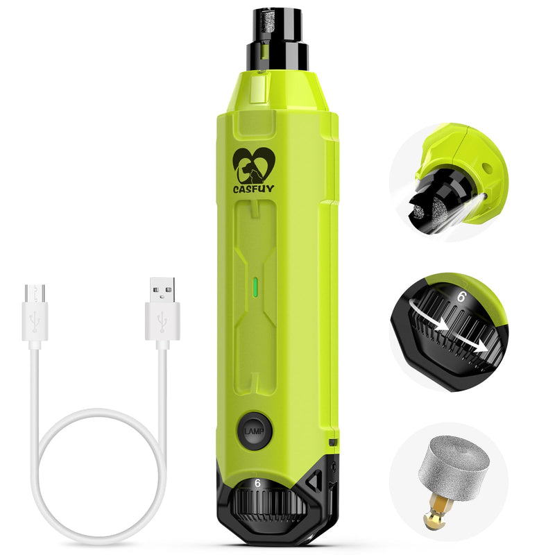 Casfuy 6-Speed Dog Nail Grinder - Newest Enhanced Pet Nail Grinder Super Quiet Rechargeable Electric Dog Nail Trimmer Painless Paws Grooming & Smoothing Tool for Large Medium Small Dogs Green
