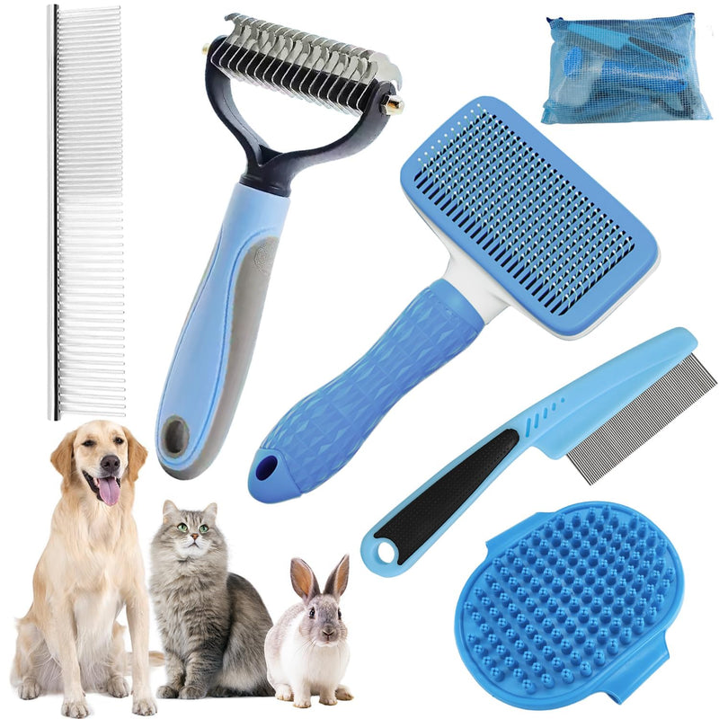 Dog Brush for Grooming,6 PCS in One Pet Slicker Hair Brush Kit Organizer Bag - Dog Cat Grooming Deshedding Undercoat Rake Brush Comb for All Small Large Dogs Cats Blue