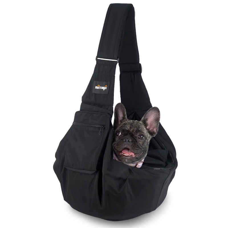 NATUYA Dog Sling Puppy Carrier Hand Free Doggie Adjustable Shoulder Strap Pet Walking Bag Cat Carrier with Zip Pocket Safety Belt Protective Mesh for Outdoor Subway Travel (Black Waterproof) Black Waterproof