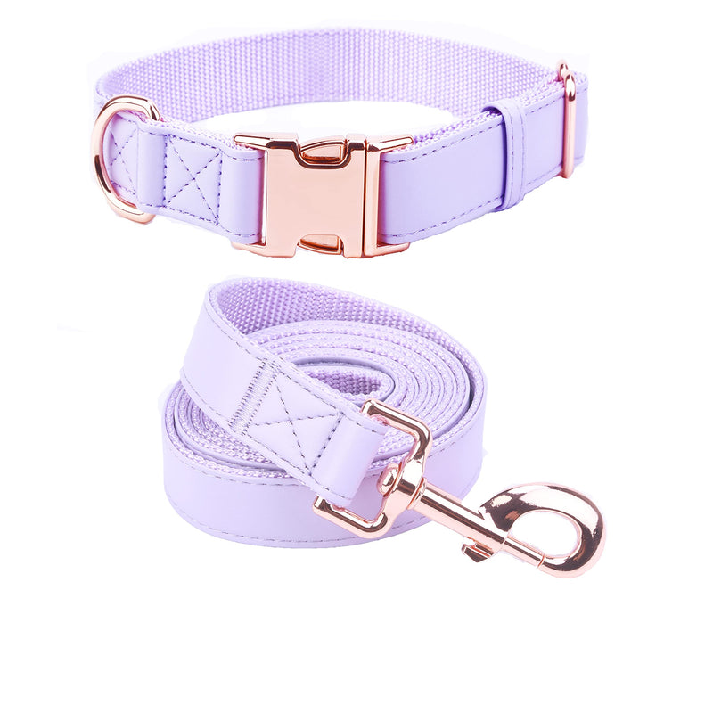Dog Collar and Leash Set.Soft and Easy to Clean Vegan Leather with Rose Gold Metal Buckle for Small Medium Large Dogs (XS(8"-12"), Light Purple) XS(8"-12")