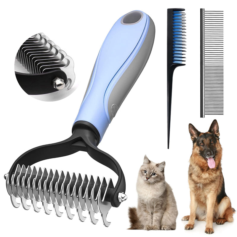 Dog Brush Long Hair, Cat Deshedding Brush Animals Stainless Steel Double Sided Deshedding Tool for Long, Medium and Short Hair (Blue) Blue+Comb