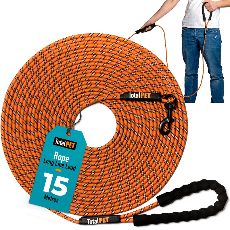 Total Pet Rope Training Lead for Dogs - Long Line Dog Lead for Training Recall & Commands at Distance W/Control Handle (15m) 15m