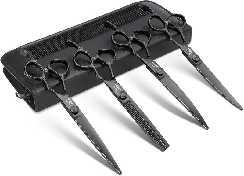 JASON Professional Dog Grooming Scissors Set - 6 in 1 Dog Shears Kit with 6.5" Thinning, 7" Straight, 7" Up-Curved, 7" Down-Curved Shears and Comb for Cat, Pet with Adjustable Screw (Black) Black