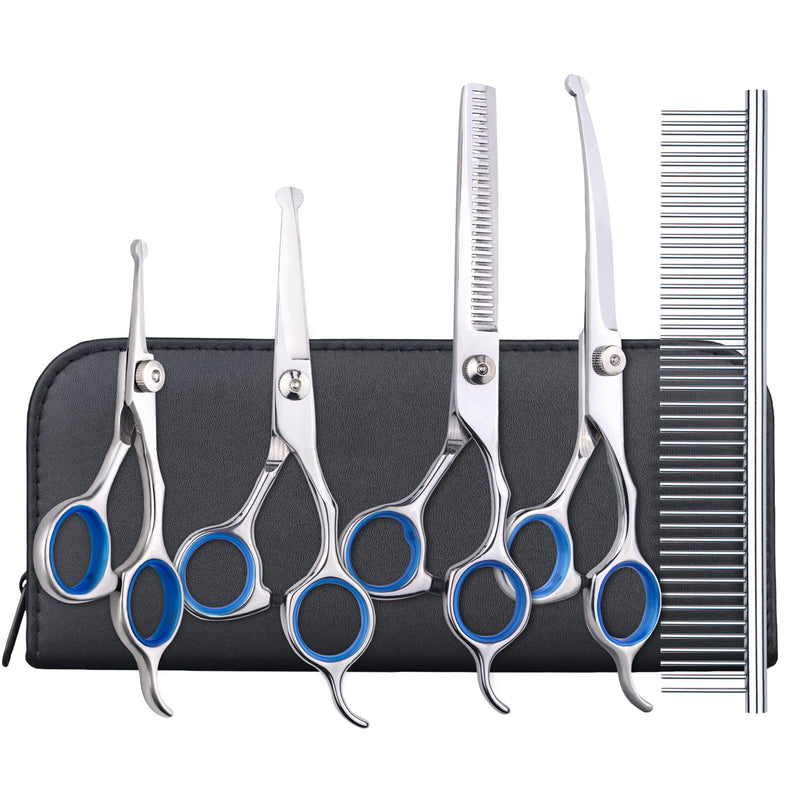 Dog Grooming Scissors with Safety Round Tips, Heavy Duty Titanium Pet Grooming Trimmer Kit, Professional Thinning Shears, Straight Scissors with Comb for Dogs and Cats (Set of 5) Silver Set of 5 - PawsPlanet Australia