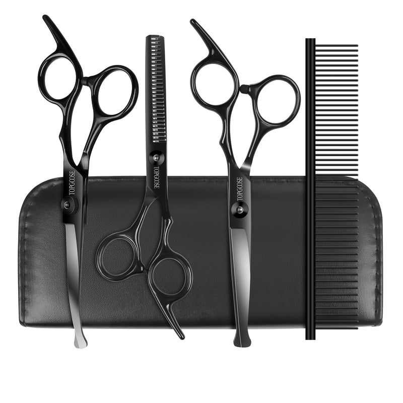 TOPGOOSE Dog Grooming Scissors Kit with Safety Round Tips, Professional 5 in 1 Grooming Scissors for Dogs Cat Pet at Home (Black) Black