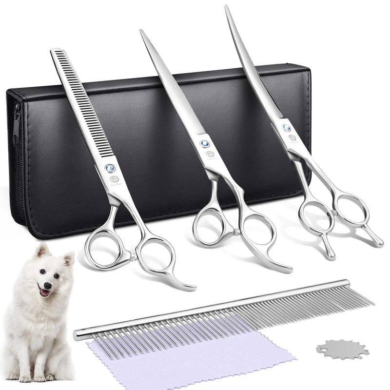 Purple Dragon 8 Inch Dog Scissor Set, Professional 3-in-1 Fur Scissors Set Silver Straight, Serrated and Curved Scissor are Included for Cats and Other Animals