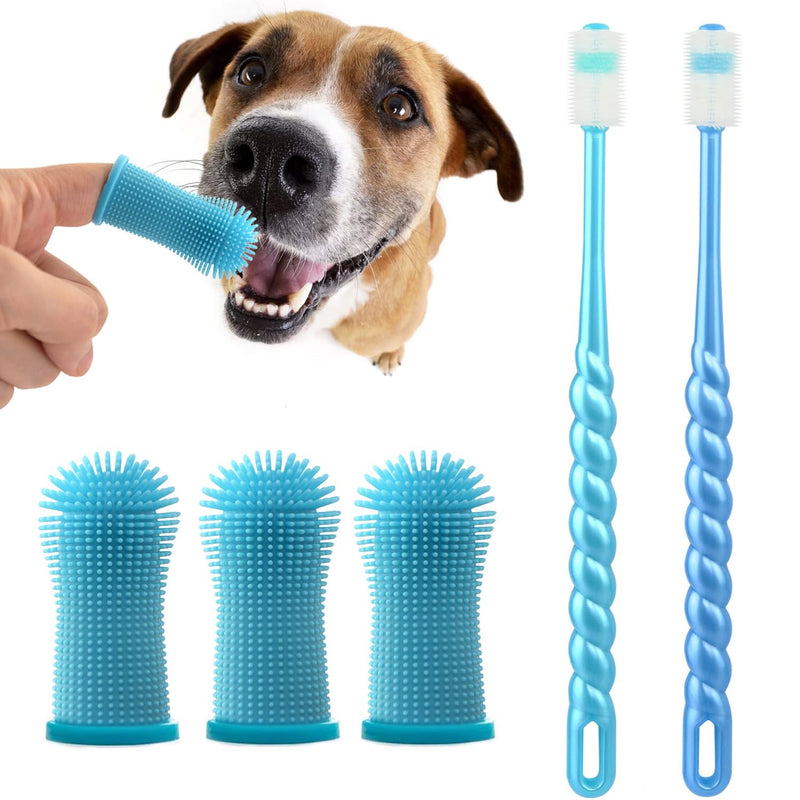 Dog Toothbrush, Finger Toothbrush, 360 Degree Silicone Toothbrush for Dental Care, Easy Dog Cat Puppy Teeth Cleaning 5Pack Blue