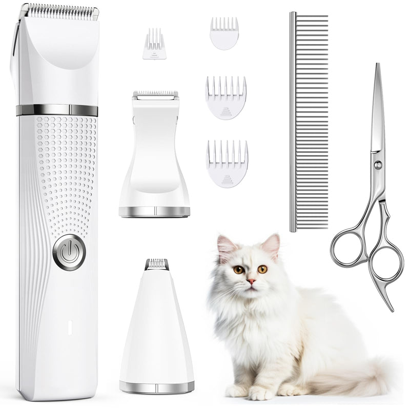 Cat Grooming Clippers Kit, Low Noise Cat Shaver for Matted Fur Claw - Paw Trimmer for Dogs with Stainless Steel Scissors Combs & USB-C Charging Cable Snow