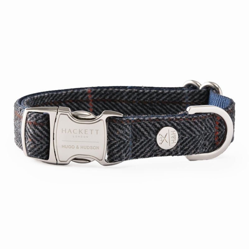 HUGO & HUDSON x HACKETT Tweed Dog Collar with Adjustable Metal Buckle, Grey Checked Herringbone S