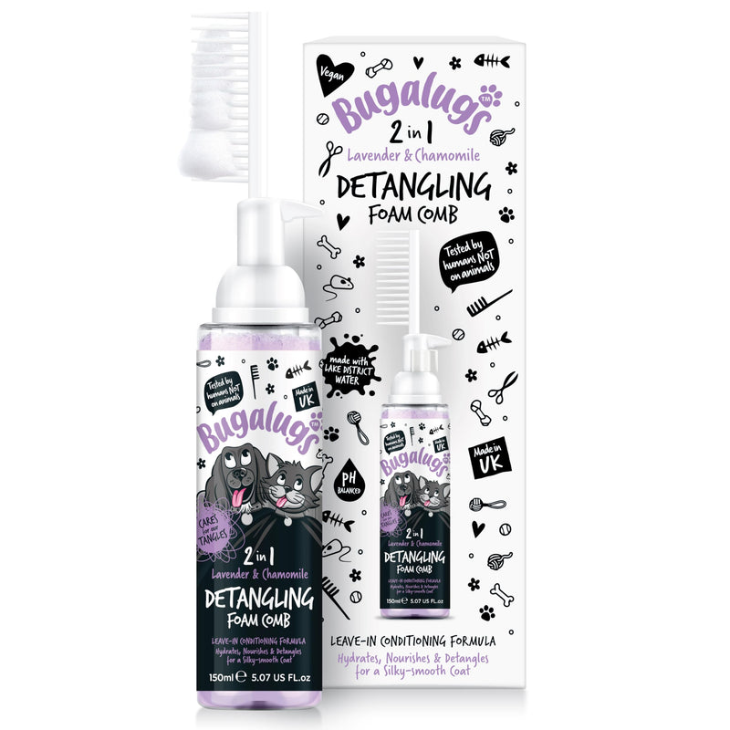 Bugalugs Pet Detangler Foam Comb - leave In conditioner spray for de matting. No tangles. Professional dog grooming formula with Wheat protein. Dog Detangler Spray knot removal (Lavender & Chamomile) Lavender & Chamomile