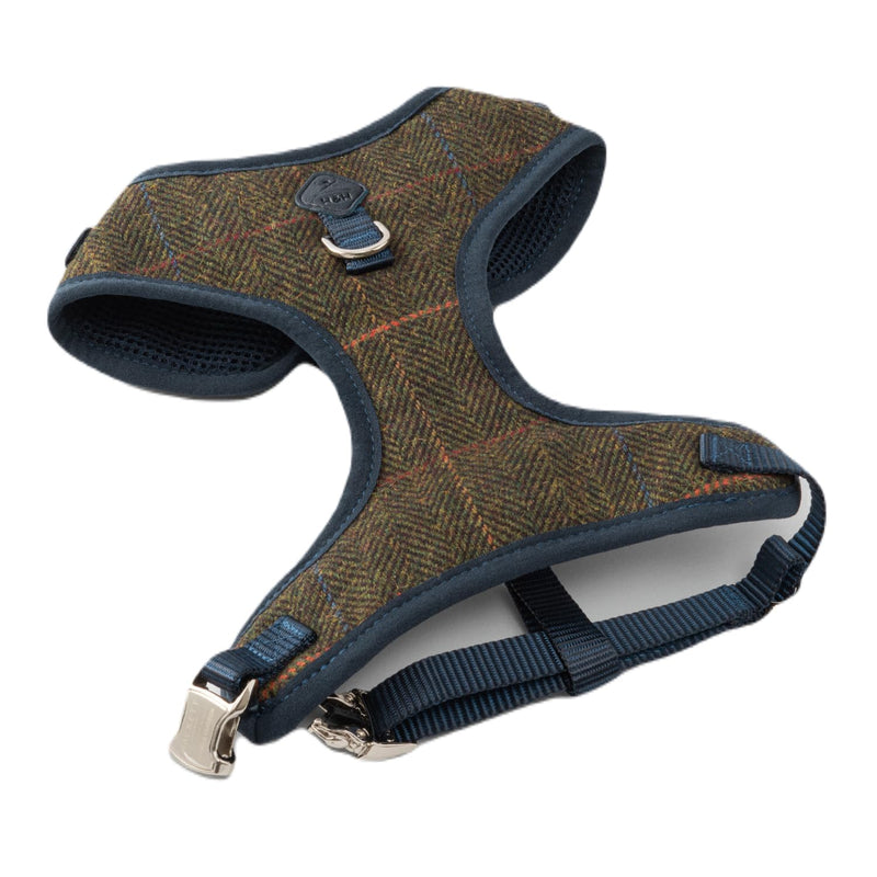 HUGO & HUDSON x HACKETT Tweed Dog Harness Adjustable No Pull Vest, Dark Green Checked Herringbone XS