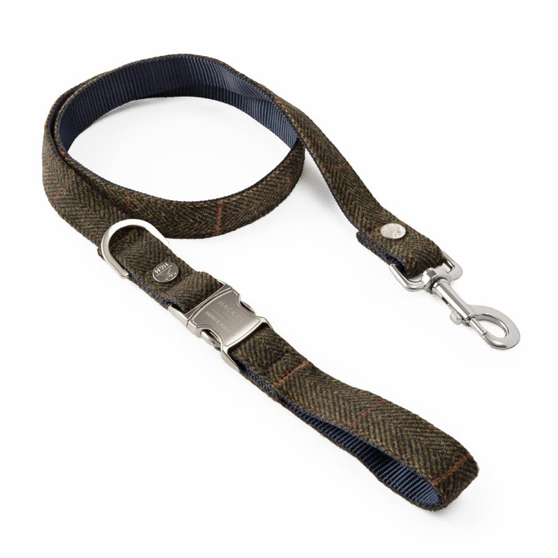 HUGO & HUDSON x HACKETT Tweed Dog Lead Padded Handle, Dark Green Checked Herringbone, 120 x 2.5cm M/L - PawsPlanet Australia