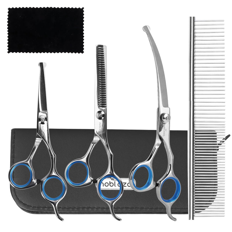 Nobleza 5 in 1 Dog Grooming Scissors, Dog Grooming Kit, Pet Thinning Curved Straight Scissors Groom Set with Dogs Comb, Pet Puppy Cat Groom Kit, Dogs Hair Cutting Trimming Scissor Professional Silver