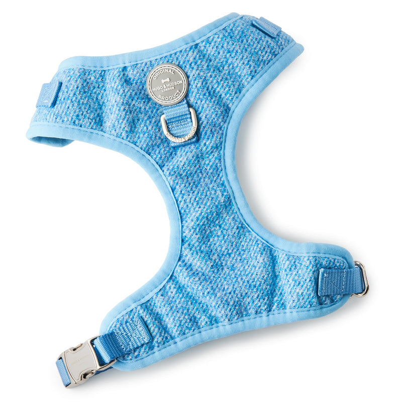 HUGO & HUDSON Tweed Dog Harness Adjustable Soft Padded No Pull Pet Vest with 2 Leads Clips, Blue, XS - PawsPlanet Australia