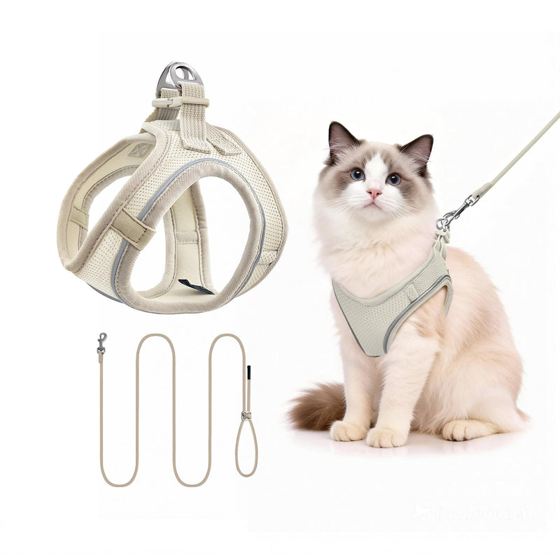 Harness and Leash for Cat or Puppy - Adjustable Set in Soft Nylon, Secure Comfort for Walking, Training, Outdoor, Small Animals, Easy to Put On and Take Off, Beige, S - PawsPlanet Australia