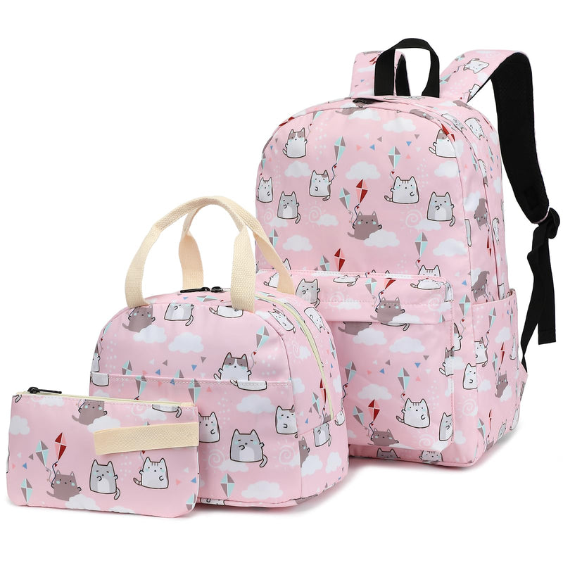 Girls School Backpacks for Kids Teens, 3-in-1 School Bag Bookbags Set with Lunch Bag Pencil Case Cat Pink - PawsPlanet Australia