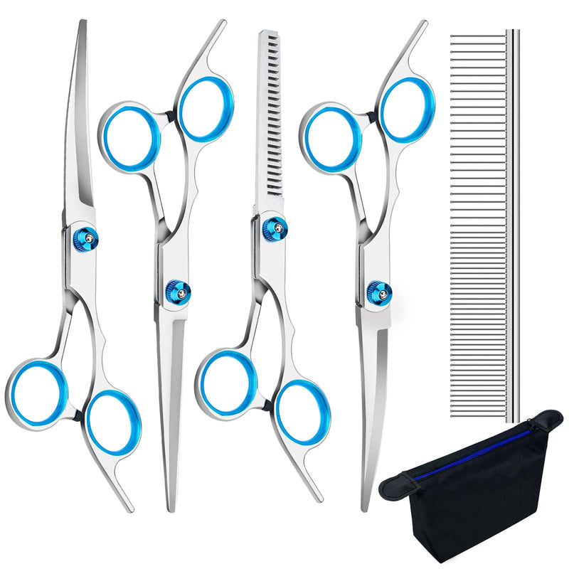 6-Piece Professional Dog Grooming Scissors Set - Curved, Round Tip, Stainless Steel, Pet Hair Trimming Scissors with Storage Bag Blue