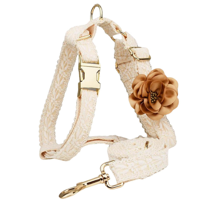 Girl Dog Harness and Leash Set Fancy Lace Dog Harness for Medium Dogs with Metal Clasp Adjustable Handmade Embroidered Cotton No Pull Dog Harnes for Dog Wedding Birthday Outfit (White,M) M harness set - PawsPlanet Australia
