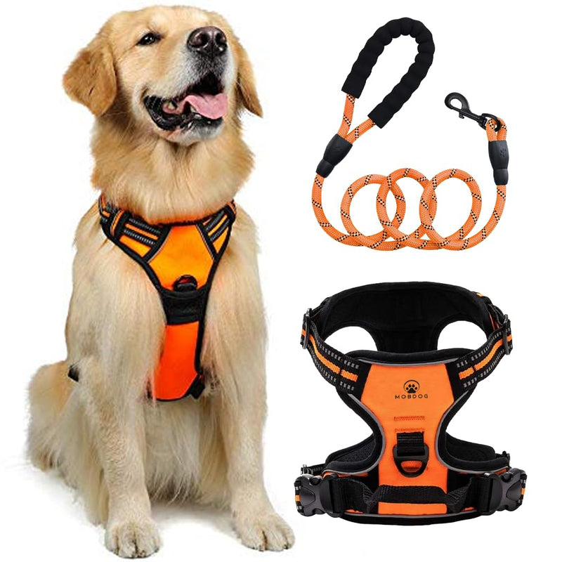 MobDog Dog Harness and Lead Set – No Pull Harness for Puppy with 5 Feet Leash – Reflective Vest with Comfortable Padding for Medium, Small, Large Dogs X-Large Orange - PawsPlanet Australia