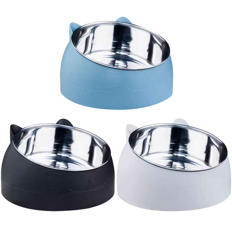 Stainless Steel 3-Piece 15° Inclined Cat & Dog Feeding Bowl Set, 400ml Capacity Each, Modern Design for Cats, Kittens & Small Dogs