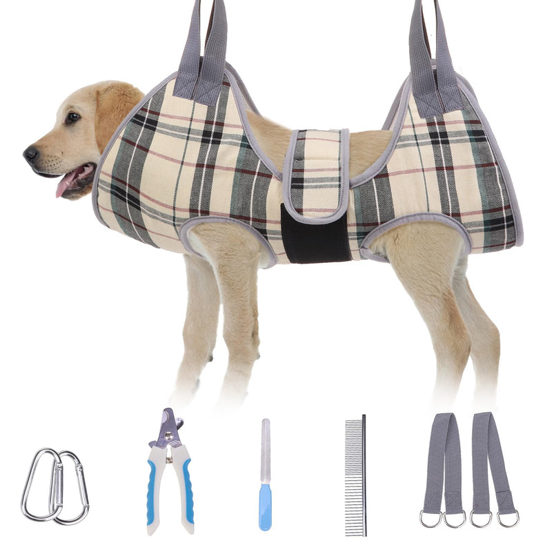 BEAUTYZOO Dog Grooming Hammock for Medium/Large Dogs- Dog Sling for Nail Trimming/Clipping- Dog Grooming Harness with Thick Fabric Neck Support & Strap Restraint Claw Care, Beige M M (Leg Spacing: 22.8-31.7cm / Max W: 22.6kg) - PawsPlanet Australia