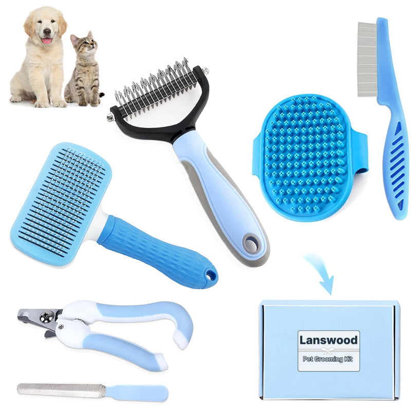 6 Pack Dog Grooming Kit Dogs Brush-Slicker Brushes, Double Sided Shedding Brush, Nail Clipper with Nail File, Flea Comb for Pet, Bath Brushes for Cat 6Pcs