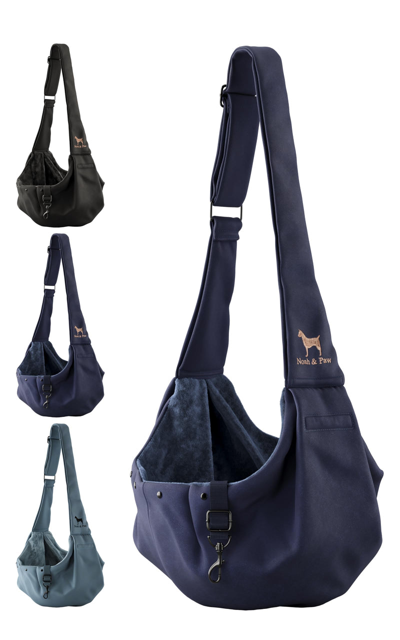 Noah & Paw Dog Sling Carrier for Small Dogs 5-18lb, Dog Sling for Small Dogs and Cats, Dog Carrier with Adjustable Padded Strap, Premium Twill, Lined with Fur, Double Safety Feature, Machine Washable Navy Blue 46 cm L x 33 cm W x 17 cm H - PawsPlanet Australia