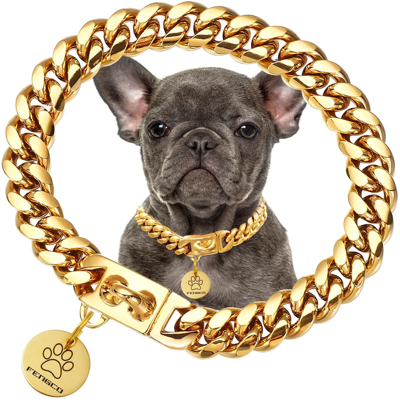 Gold Dog Chain Collar with Dog Tag Pendent Metal Chain Collar Necklace18K Gold Plated Stainless Steel Pet Cuban Links Collars for Dogs(24inch) 24inch - PawsPlanet Australia