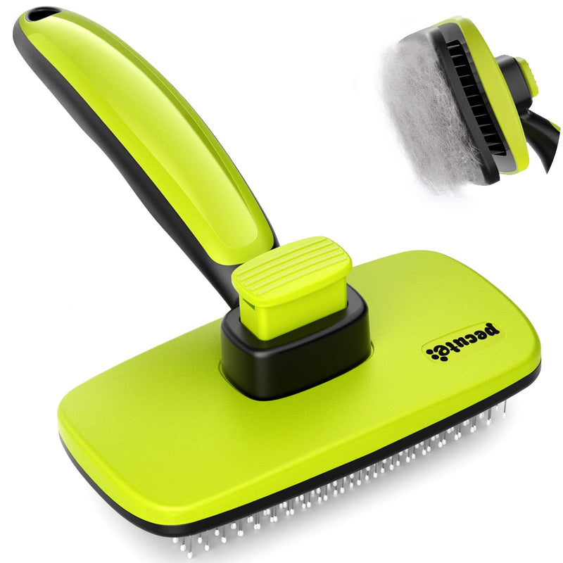 Pecute Cat and Dog Brush for Grooming - Self Cleaning Slicker With Rounded Pins for Short Haired Cats and Small Dogs - Safe and Smooth L Green