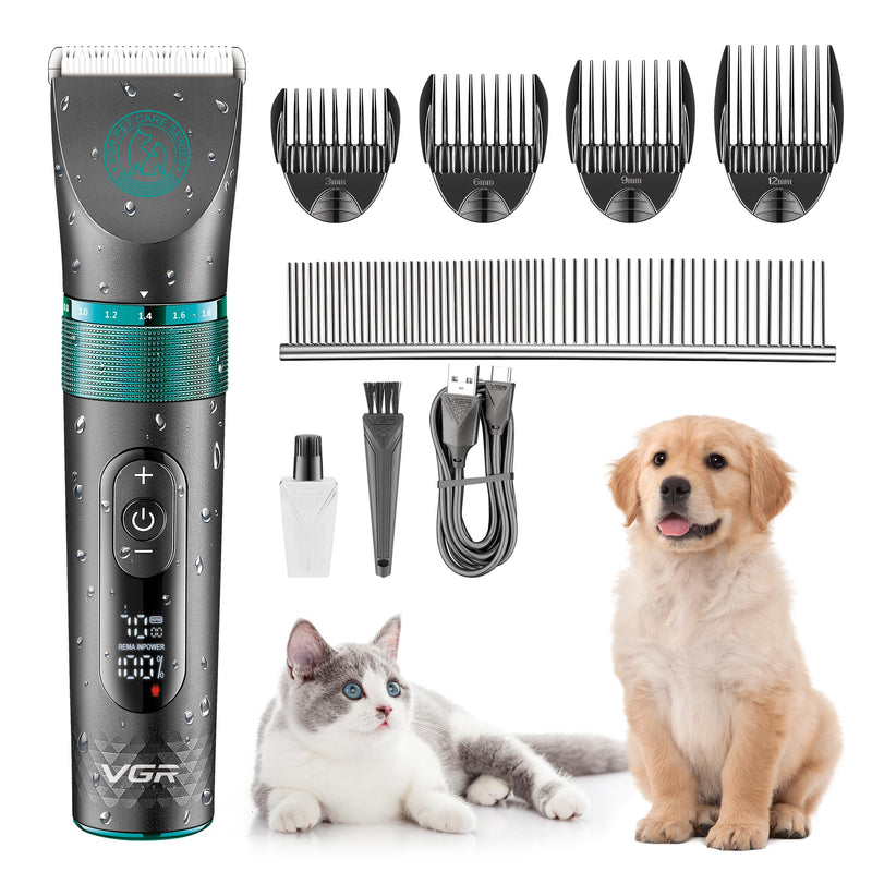 VGR Dog Grooming Clippers Cordless Professional for Thick, Curly Hair/Coats Kit - Pet Trimmer/Shaver - Waterproof - Electric Rechargeable Battery via USB-C - Ceramic Blades - Cat Matted Fur, Puppy