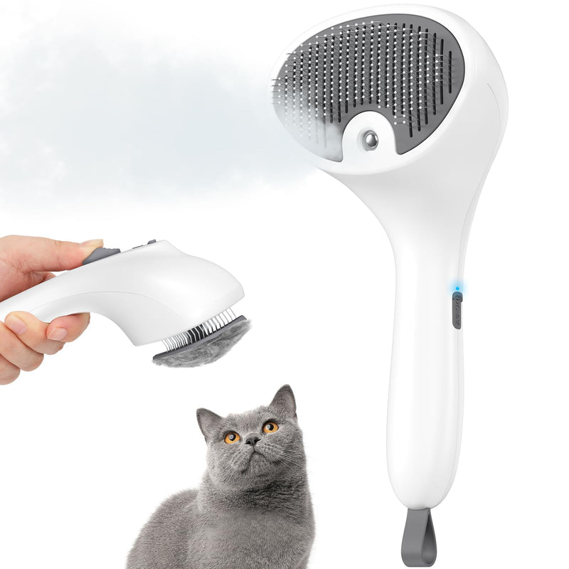 Steam Cat Brush with Release Button, [Ultra-Quiet Design/Comfort-Grip Handle] Pet Spray Dog Brush, Rechargeable Pet Steam Brush for Long Short Hair Cats, Dogs, Rabbits Grooming(Gray-White) Gray-White - PawsPlanet Australia