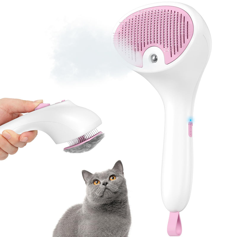 Steam Cat Brush with Release Button, [Ultra-Quiet Design/Comfort-Grip Handle] Pet Spray Dog Brush, Rechargeable Pet Steam Brush for Long Short Hair Cats, Dogs, Rabbits Grooming(Pink) - PawsPlanet Australia