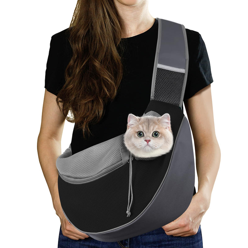 Pawaboo Pet Dog Sling Carrier, Hand Free Drawstring Dog Papoose with Adjustable Strap, Breathable Mesh Bag for Puppy Cat, Crossbody Satchel Dog Purse with Pocket for Outdoor, Dark Gray+Black, Small Dark Gray + Black - PawsPlanet Australia