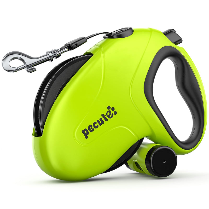 Pecute Retractable Dog Leash with Poo Bag Holder, 10m/32ft Extended dog Leash with 360° Tangle-Free, Anti-Slip Handle and Quick Brake Button, Suitable for Dogs Up to 110lbs/50kg in Weight Green 10 m | Max 50 kg