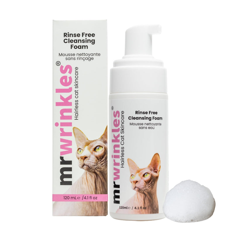 Sphynx Cat Rinse-Free Cleansing Foam – No Bath Needed, Wipe & Go, Mattifying Rice Water & Honey Formula, Gentle Shampoo Alternative for Hairless Cats – Mr. Wrinkles