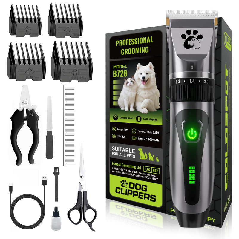 Dog Clippers Cordless, Professional Pet Clippers, 2-Speed Low Noise Dog Grooming Kit, Pet Trimmer for Small Large Thick Hair Dogs Cats Black