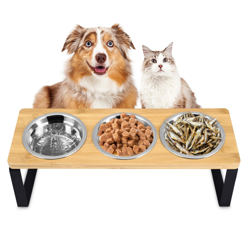 3pcs Cat Bowl with 15° Tilted Stand, Raised Cat Feeding Bowls Stainless Steels for Food and Water, Bamboo Elevated Feeder Bowls for Cats and Puppy, Anti Slip Tilted Feeding Station - PawsPlanet Australia
