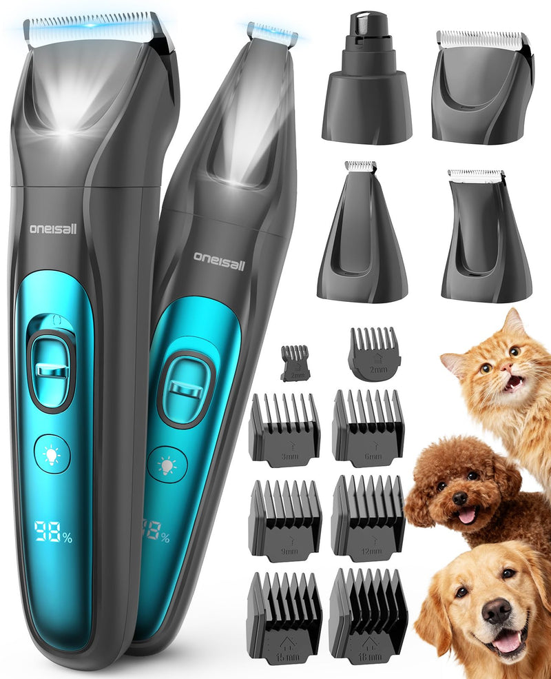 oneisall Dog Clippers & Paw Trimmer 4 in 1 Grooming Kit, Dog Grooming Clippers with LED Light for Full-Body Grooming, Cordless Silent Pet Shaver for Dogs Cats Blue 4-in-1 - PawsPlanet Australia