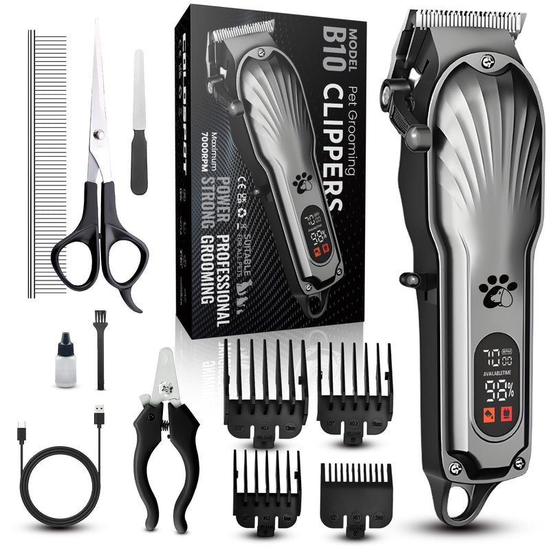 Dog Clippers Professional for Thick Hair, Pet Clippers for Dogs Cordless LED Display Low Noise Rechargeable Dog Trimmer with Grooming Nail Kits Gray