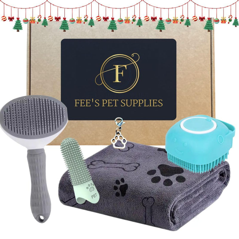 Grooming set for Dogs Easy-Clean Pet Hair Remover Brush, Microfibre Towel, Silicone dog Shampoo Brush, Finger Toothbrush+Bonus Vintage Paw Charm | Perfect Dog Gift Set (Grey) Grey - PawsPlanet Australia