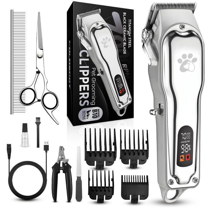 Dog Grooming Clippers Professional for Thick Hair, Full Metal Body Black Ceramic Blade LED Display Low Noise Rechargeable Cordless Dog Grooming Kit