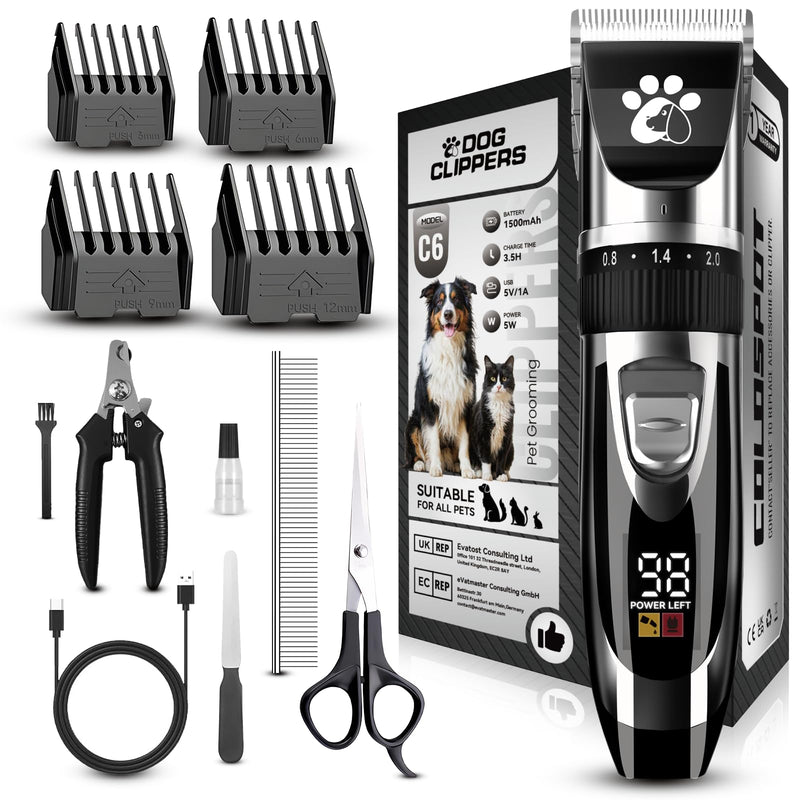 Dog Clippers Cordless, Dog Grooming Kit, Low Noise Rechargeable LED Display Pet Trimmer (Black) Black