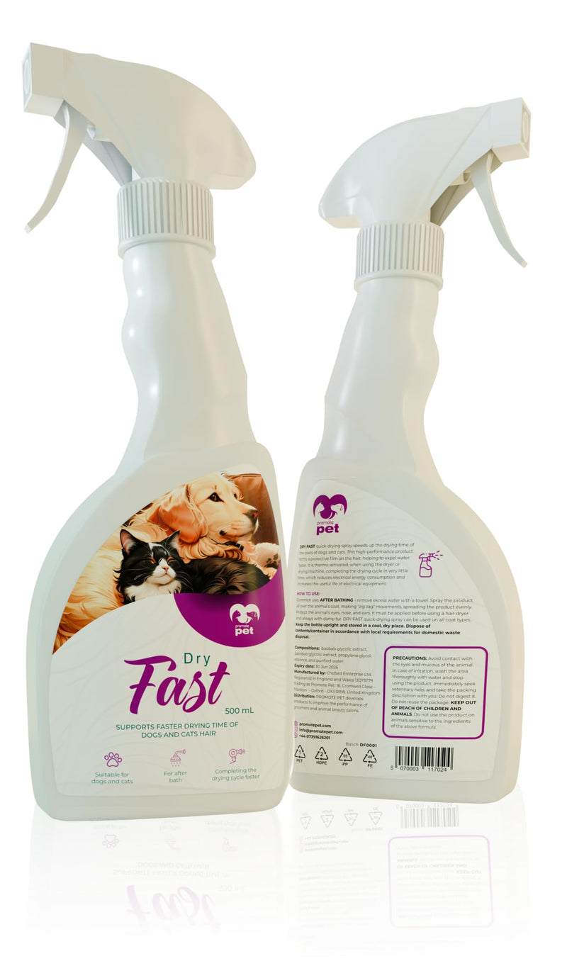 Dry Fast Pet Hair Spray by Promote Pet – 60% Faster Drying Time - for Dogs, Cats & Horses All Fur Types - Non-Greasy, Silicone-Free – Professional Groomers & Home Use – Made in the UK - 500mL